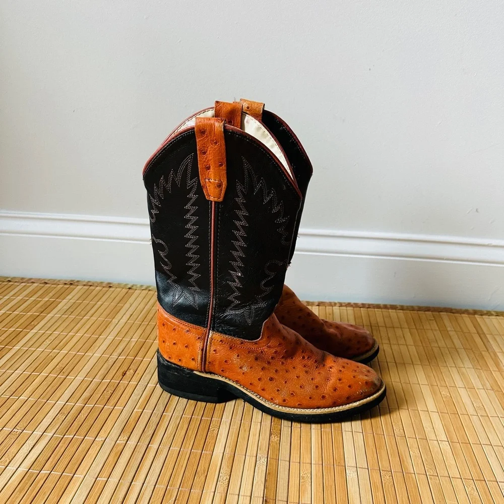 Vintage Old West Ostrich Embossed Leather Black British Tan Unisex Cowboy Boots